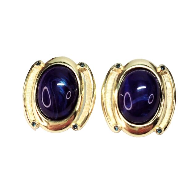 Trifari Blue Swirl Cabochon Clip On Earrings Gold tone trifarium 70s 80s Saltz? - Picture 1 of 9